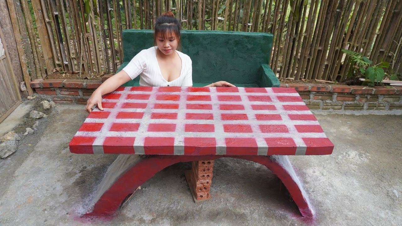 Build tables and chairs from bricks and cement - Green forest life, building farm life, single mom