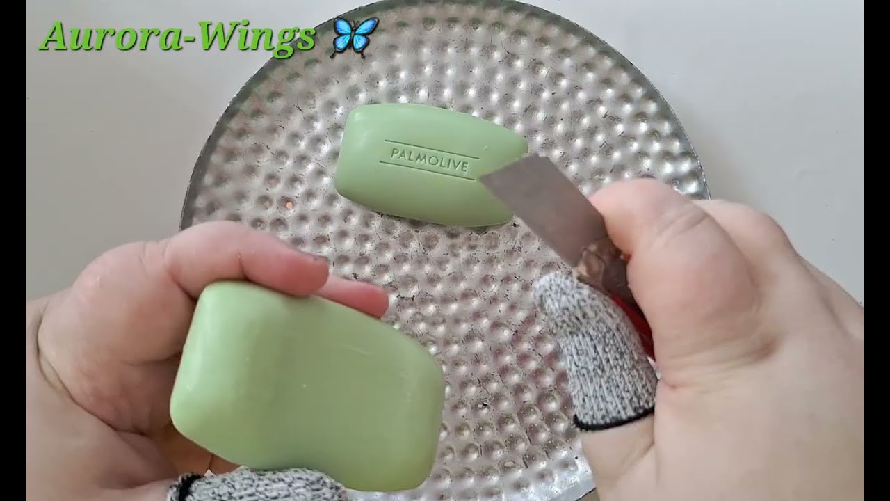 ..~☆ ASMR Green Palmolive Soap Cutting & Crushing ☆~..