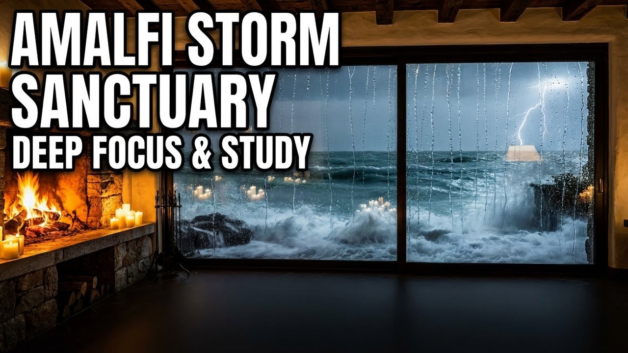 Amalfi Storm Sanctuary | Waves on Glass & Cozy Fireplace for Deep Focus, Work & Study