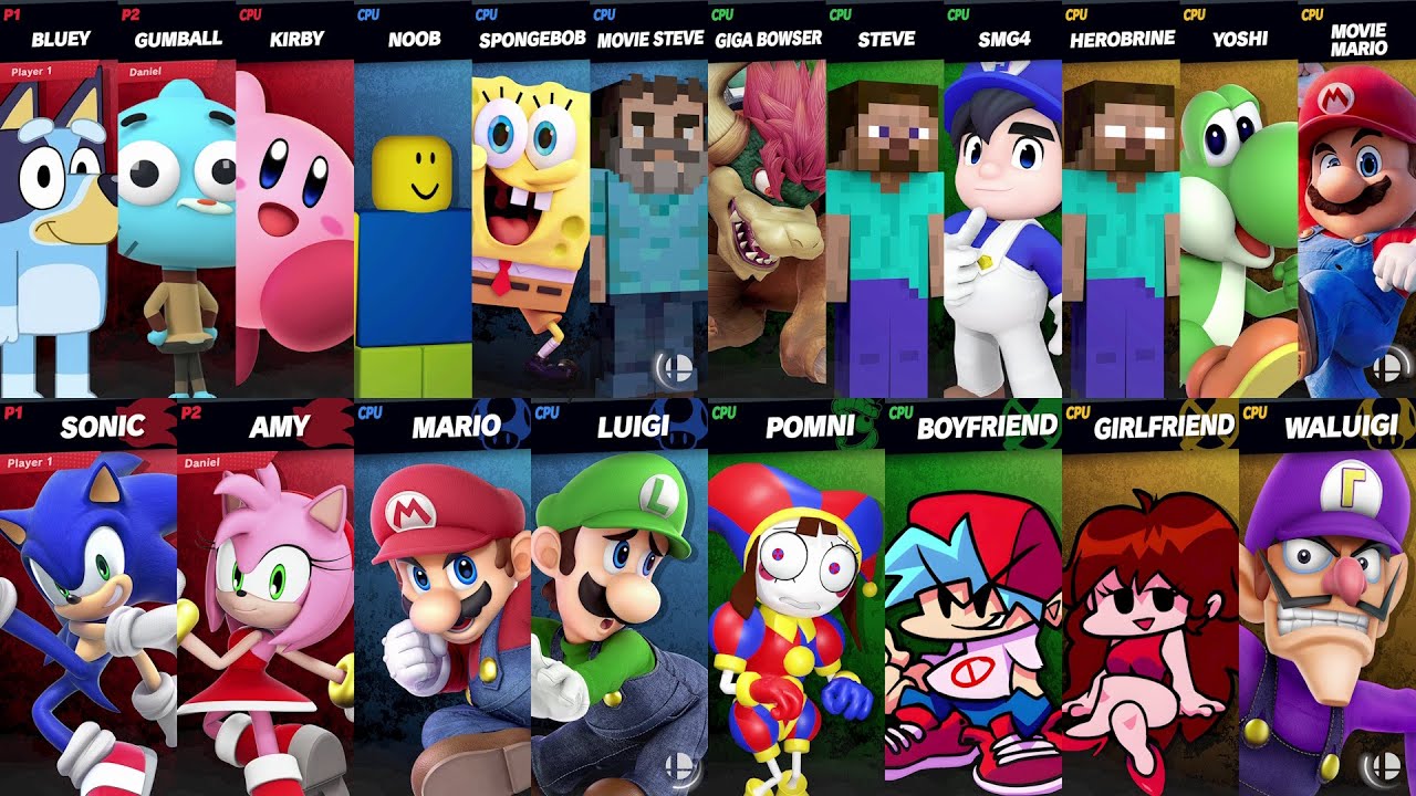NEW Sonic vs Mario vs Roblox vs Minecraft vs Bluey vs SpongeBob vs Girlfriend in Super Smash Bros