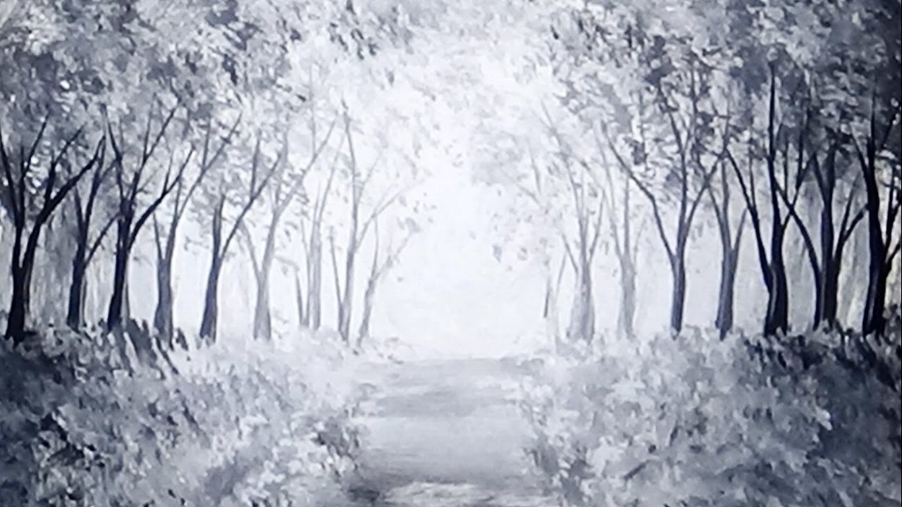 Sunlit Forest Path Acrylic Painting Black & White Monochromatic Painting