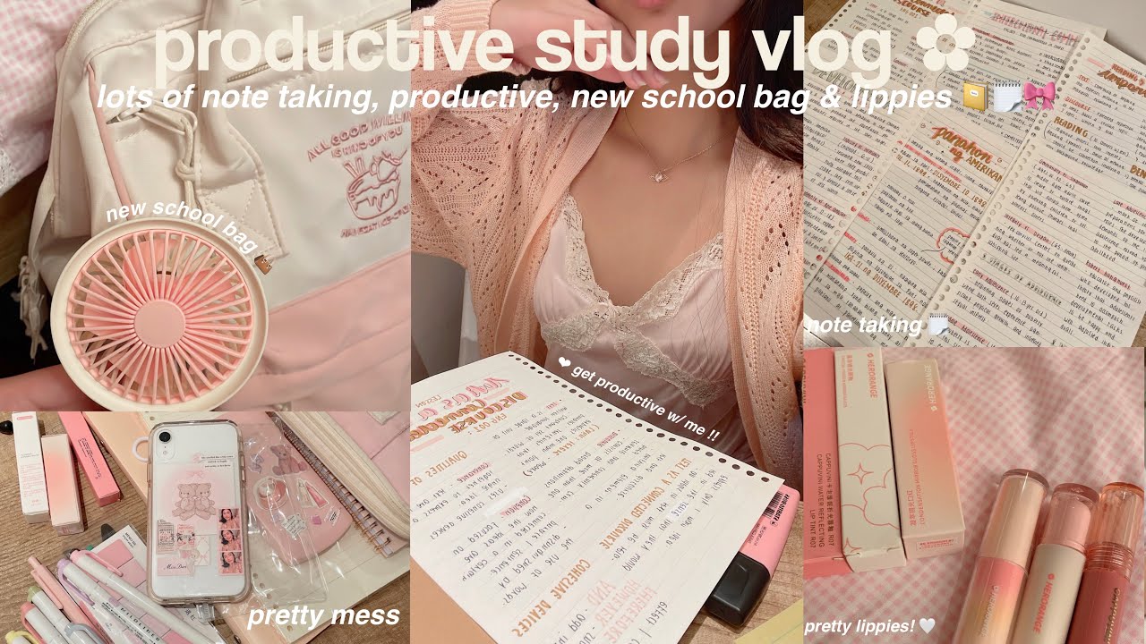 STUDY VLOG ✩ ◛ &deg; 🎧🧁📩| lots of note- taking + tips, studying, cute stationaries,new bag & lippies