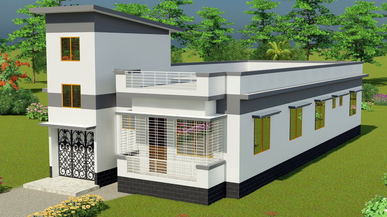 লম্বা জমিতে ৫ বেডরুমের বাড়ির ডিজাইন।  3d Animation, Floor Plan. 5 Bedroom House Design.