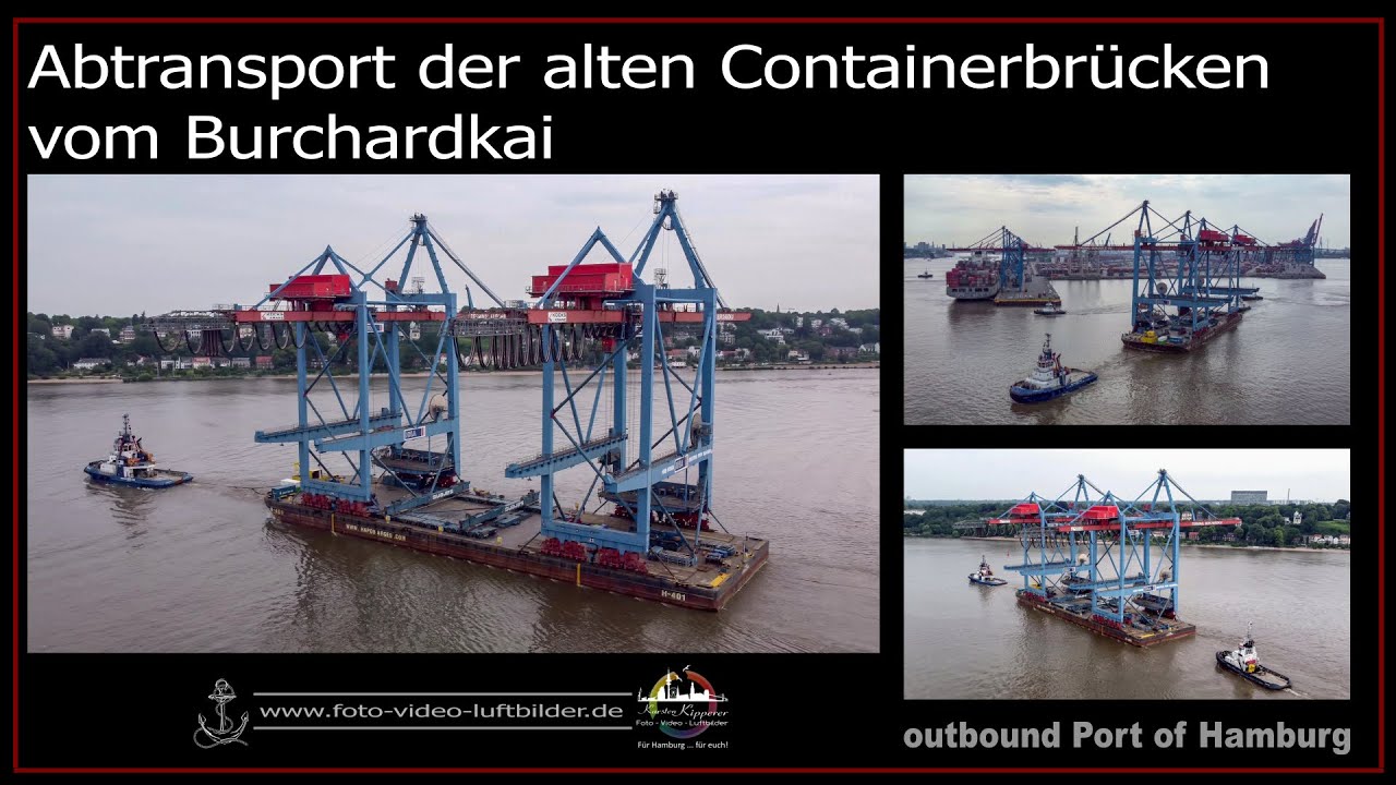 Abtransport der alten Containerbrücken Burchardkai / Port of Hamburg/ drone video/