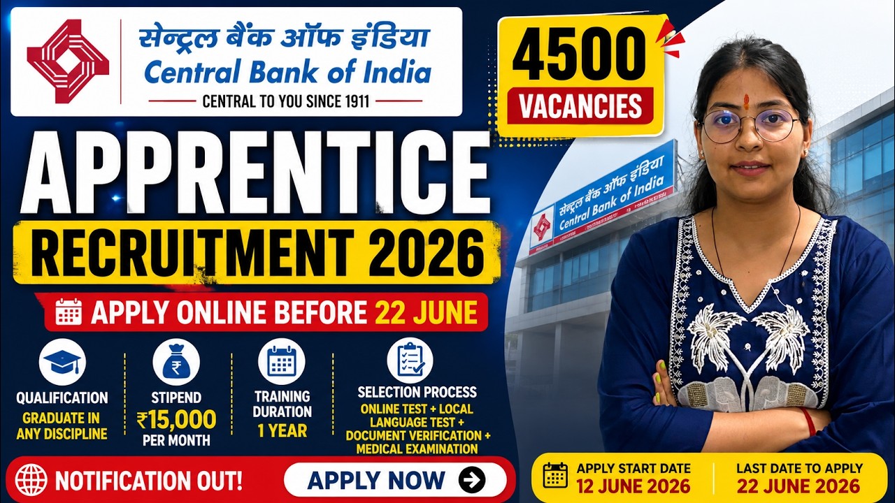 🔥 Central Bank of India Apprentice Recruitment 2026 | 4500 Vacancies | Apply Online Before 22 June