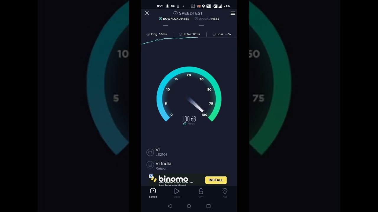 Vi 4G+ 3+1 Speed Test in MP and CG Circle in Good SINR Signal