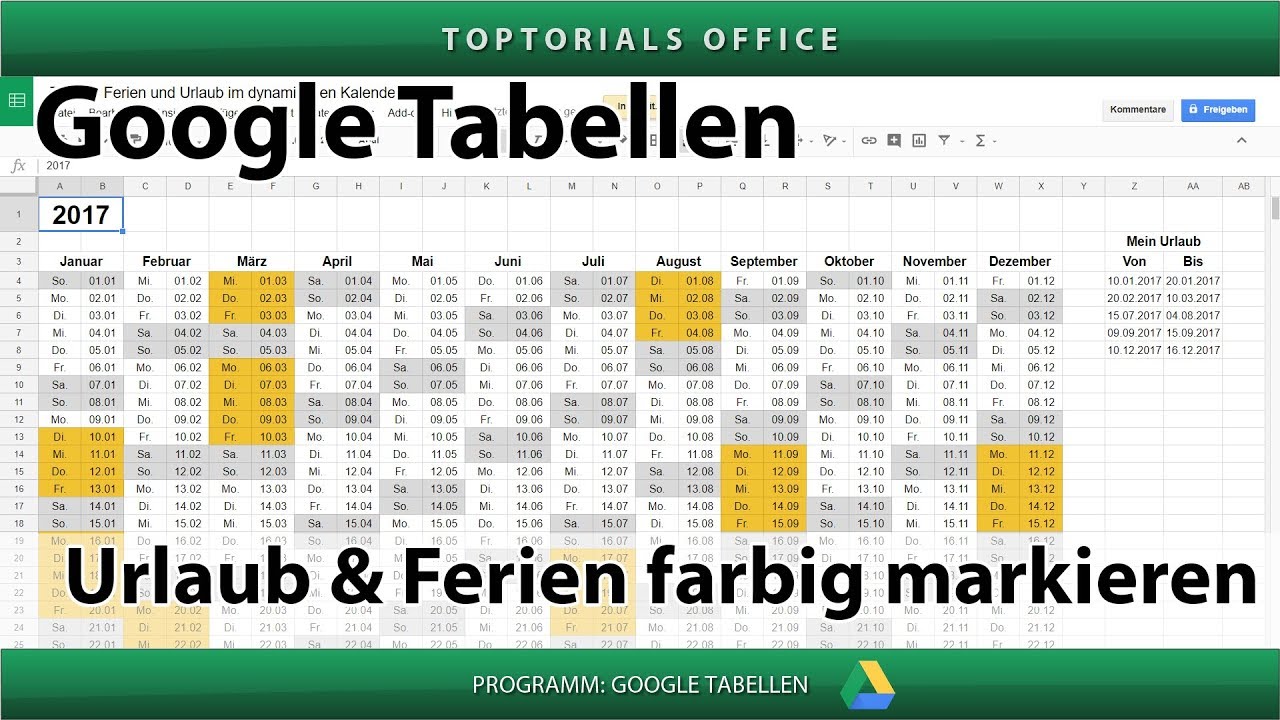 Ferien und Urlaub im Kalender farbig markieren (Google Tabellen)