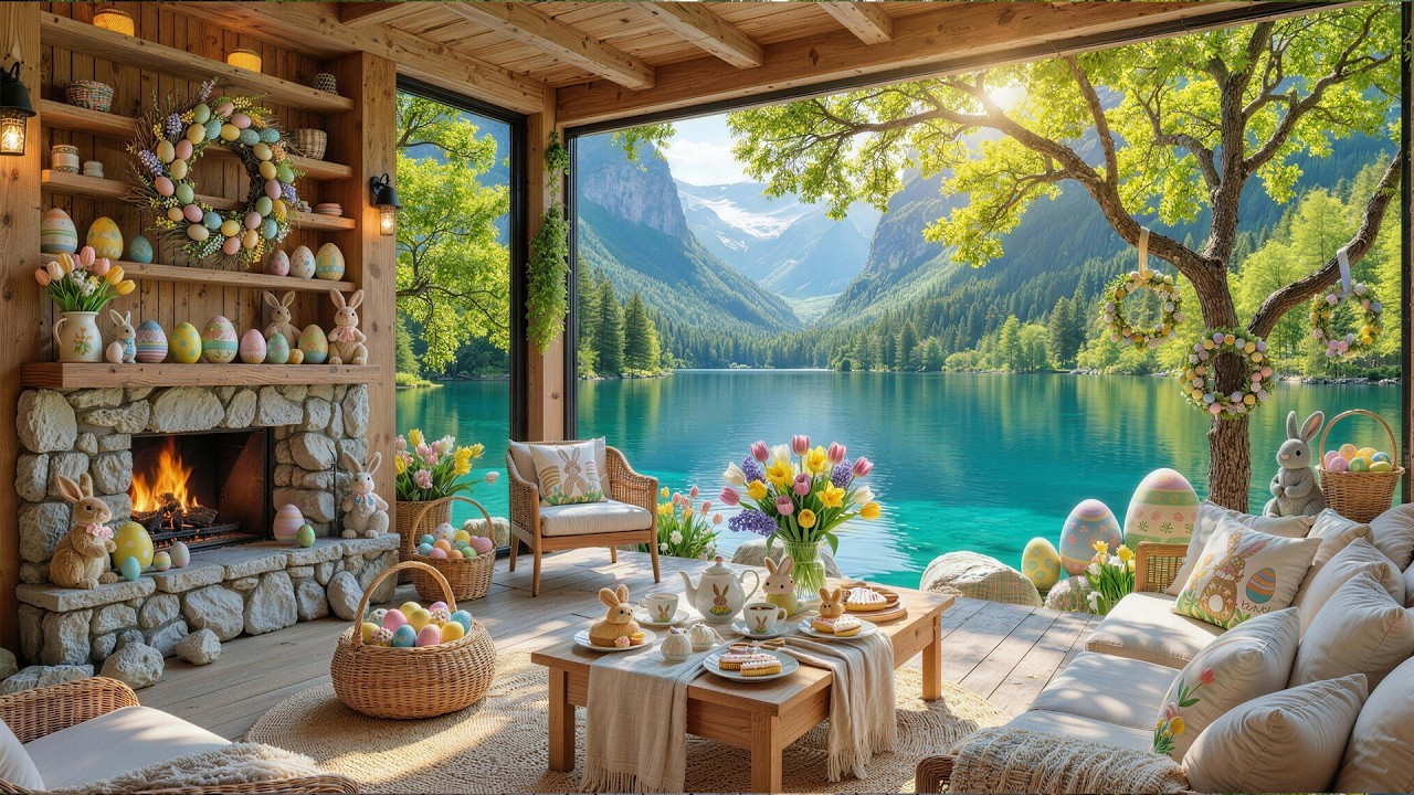 🐰 Happy Easter Music 🌸 Relaxing Easter Ambience & Spring Porch ✨ Calm Piano Music & Fireplace Sounds