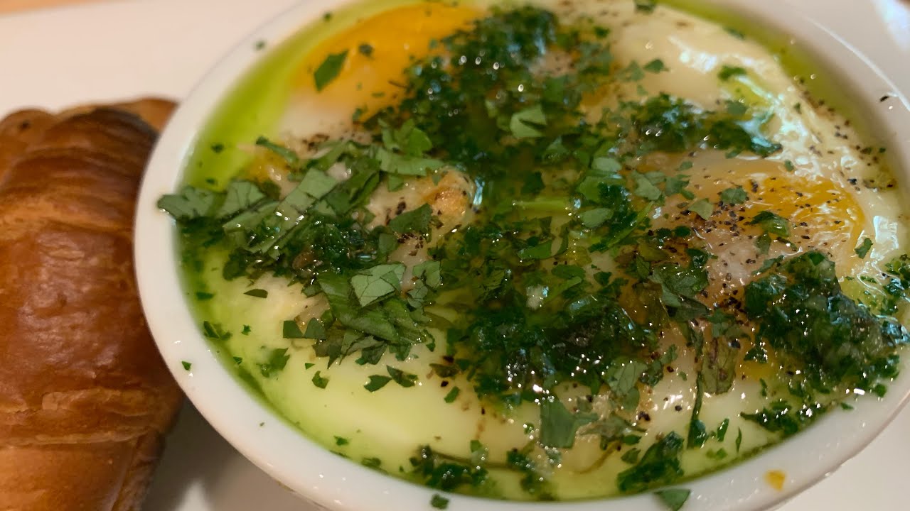 Ramekin Recipes: Eggs Cooked in Ramekin with Grits, Parmesan, Shrimp topped with Herb Oil