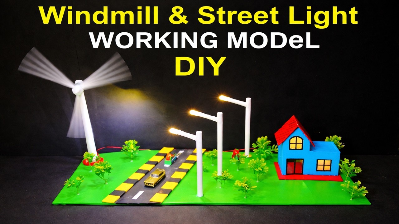 windmill (wind turbine) and street light  - eco friendly house working model |  howtofunda