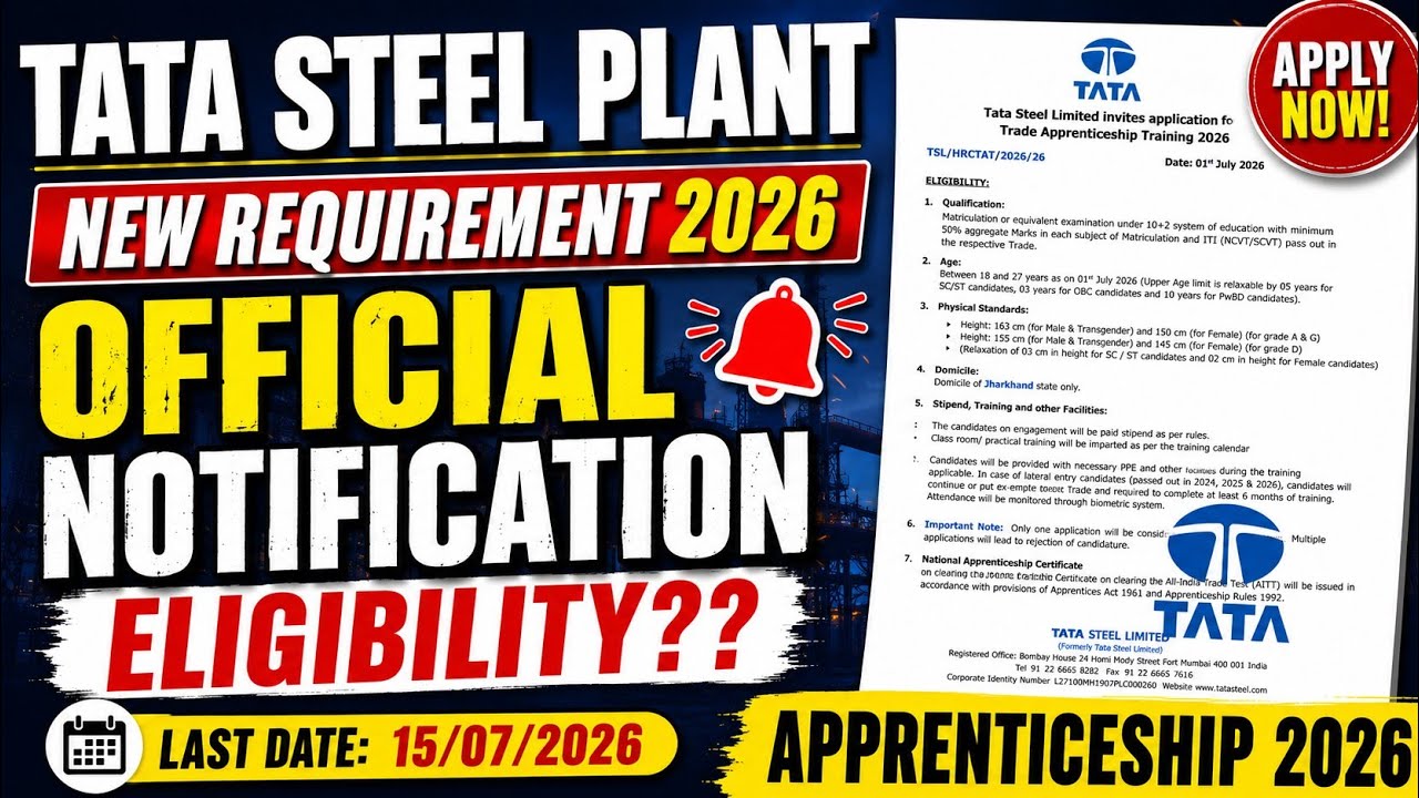 TATA STEEL NEW REQUIREMENT FOR FRESHER CANDIDATES PERMANENT JOB || TATA APPRENTICESHIP 2026 ||