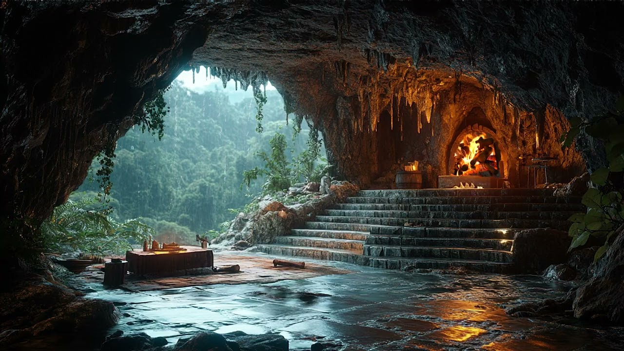 Rain Drifting Across a Dark Cave Entrance | Cinematic Natural Sounds for Sleep and Meditation