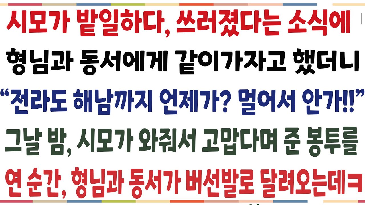 (반전신청사연)시모가 밭일하다 쓰러졌단 소식에 형님과 동서에게 같이 가자했더니 
