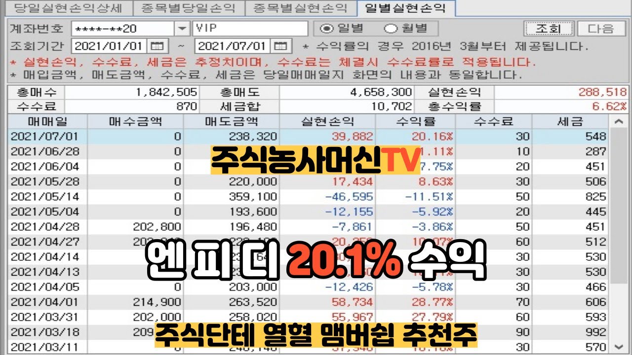 주식)2021.07.1. 엔피디 수익실현 [주식단테 유튜브 열혈 멤버쉽 분석주] / 누적수익 1,654,930원