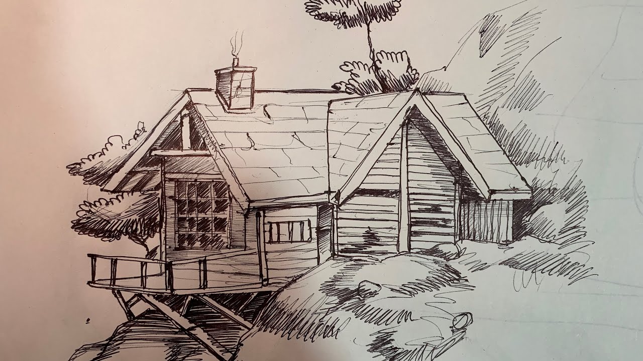 House 🏡 Sketch Drawing On HILL | How To Draw Mountain House.