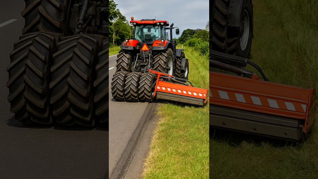 Tractor mows roadside: effective cleaning of road grass with special equipment