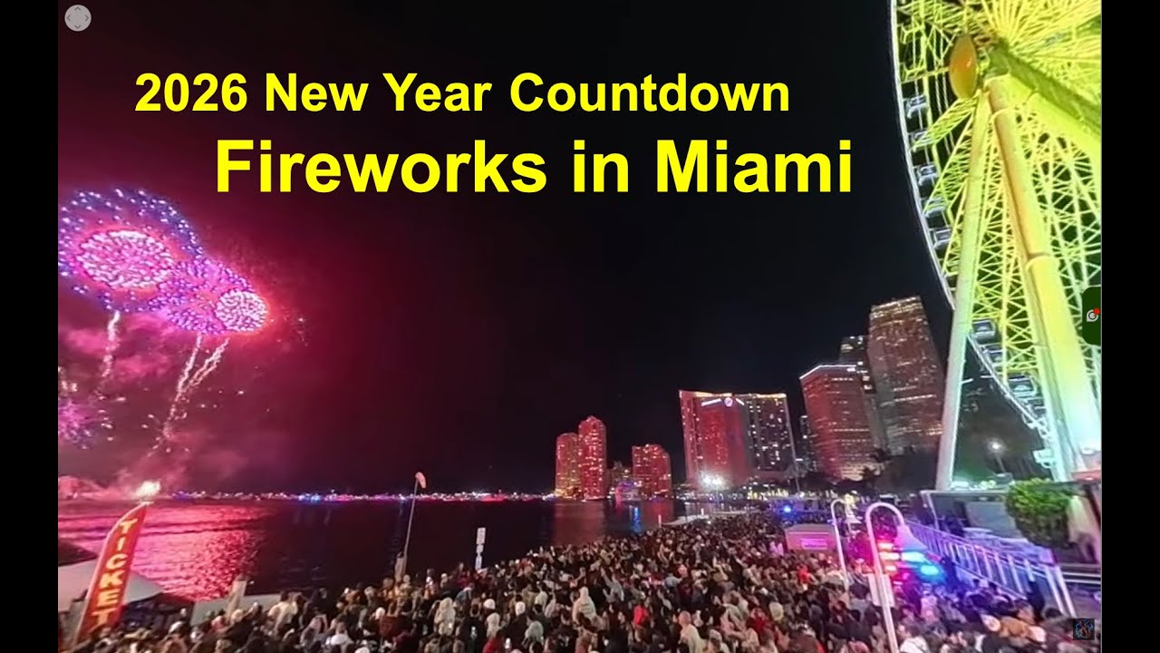 4K Miami 2026 NewYear Countdown Fireworks - 360 degree view