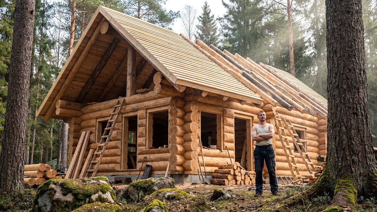 The man spent 320 days building his dream log cabin in the forest | From beginning to end