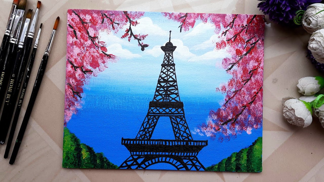 Acrylic Painting For Beginners/Springtime Cherry Blossom Trees With Eiffel Tower🗼Painting