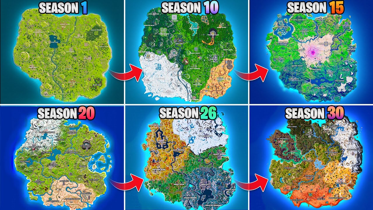 Evolution of Fortnite Map (Chapter 1 Season 1 - Chapter 5 Season 3)