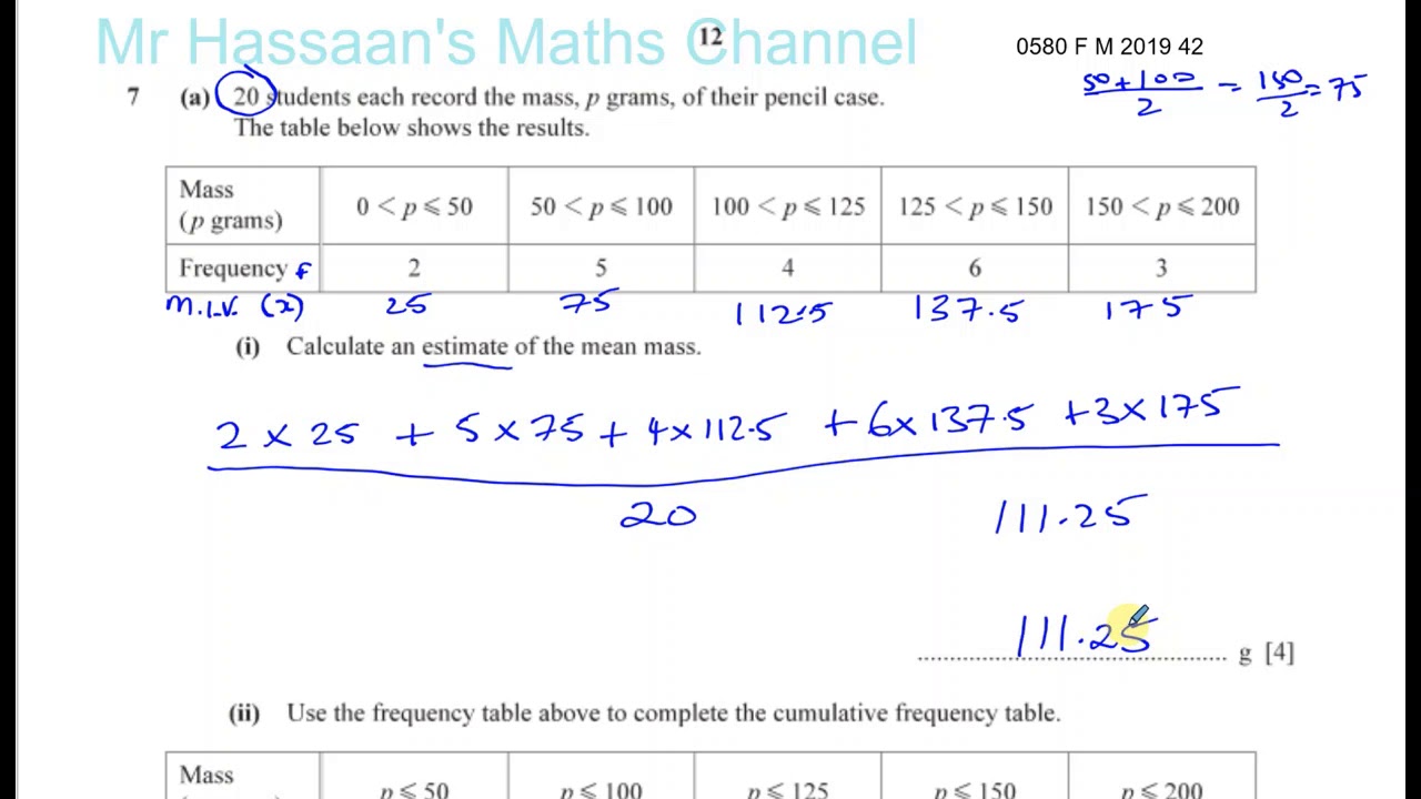 0580 F M 19 Q7 Frequency Tables, Cumulative Frequency, Histograms