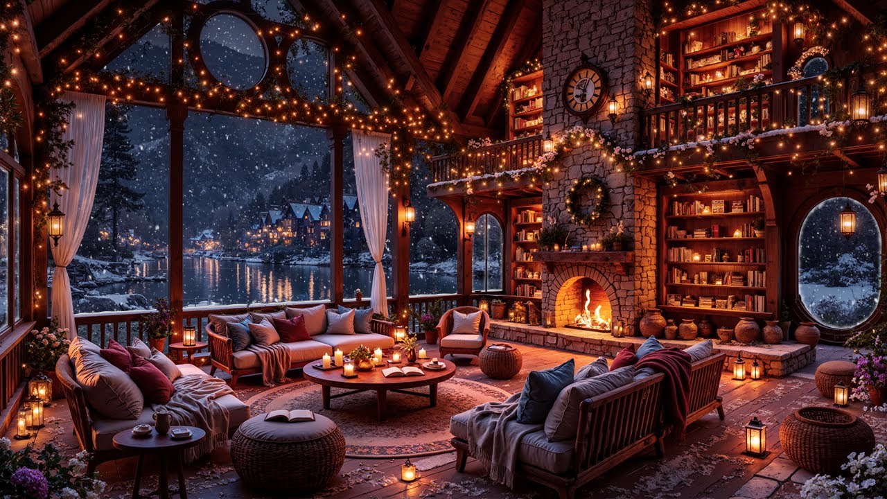 Cozy Winter Library Fireplace Ambience 🔥 Soft Jazz Music & Gentle Snowfall for Unwinding