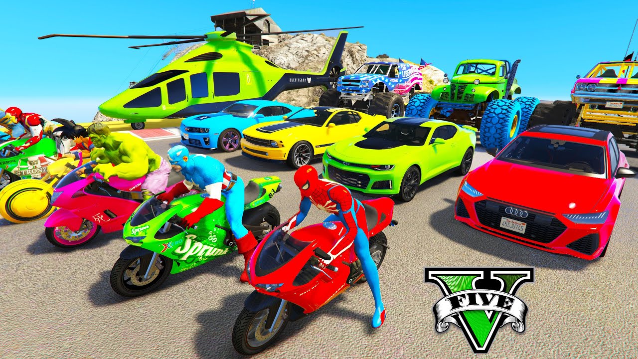 SPIDERMAN CARS Race Challenge on SKY Ramps ! SUPERHERO HULK Goku JEEP Car Stunts Race  - GTA V