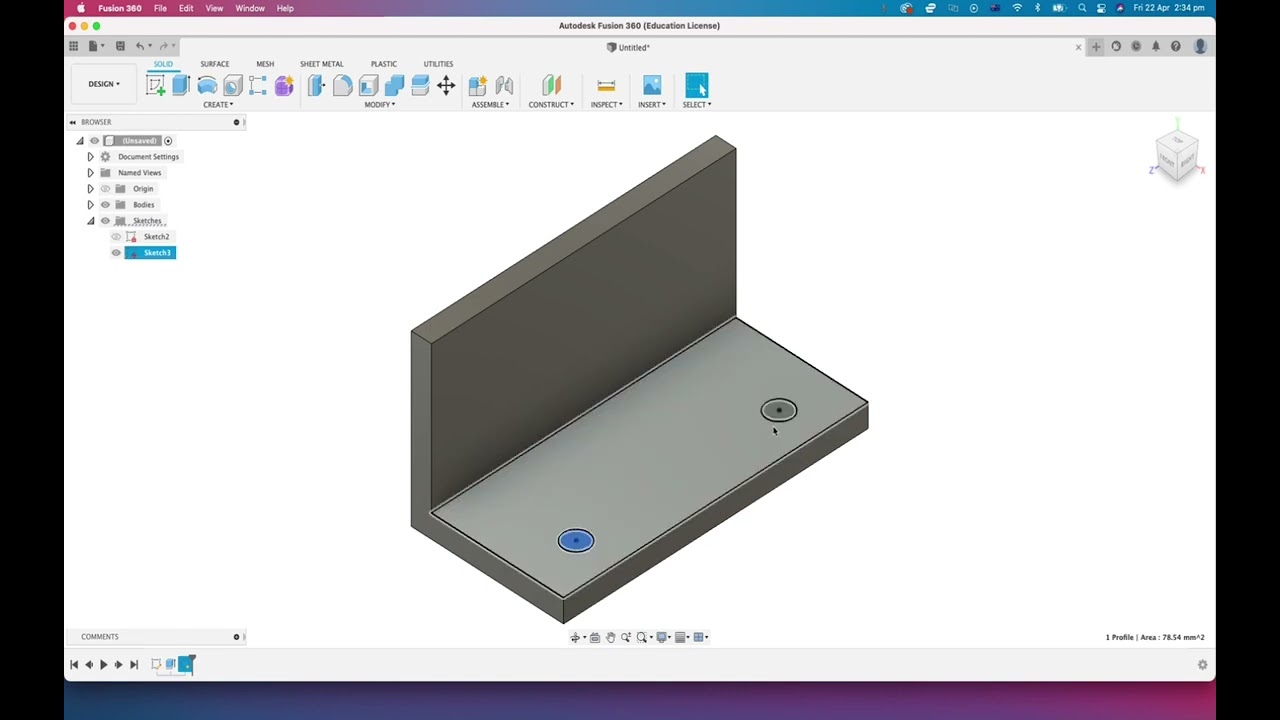 Fusion 360 - Beginner's: Creating holes and cuts in a part (sketch & cut method)