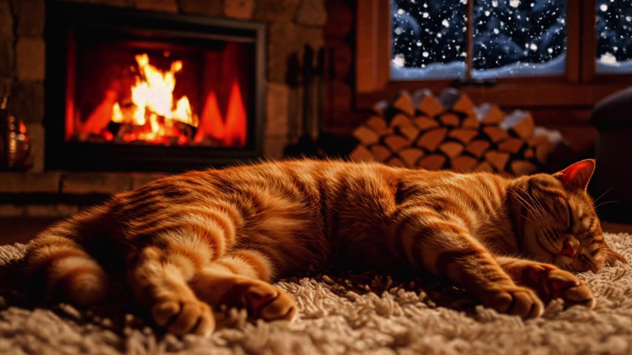 LIVE 24/7  🔥  Cozy Fireplace Sounds & 🐱  Relaxing Ginger Cat | Musik Santai  ❄️   Winter Night Live