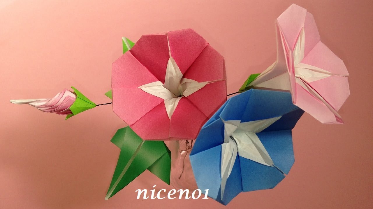 折り紙 あさがおの花、ツボミ、葉（立体） 折り方 Origami Morning glory flower bud leaves tutorial（niceno1）