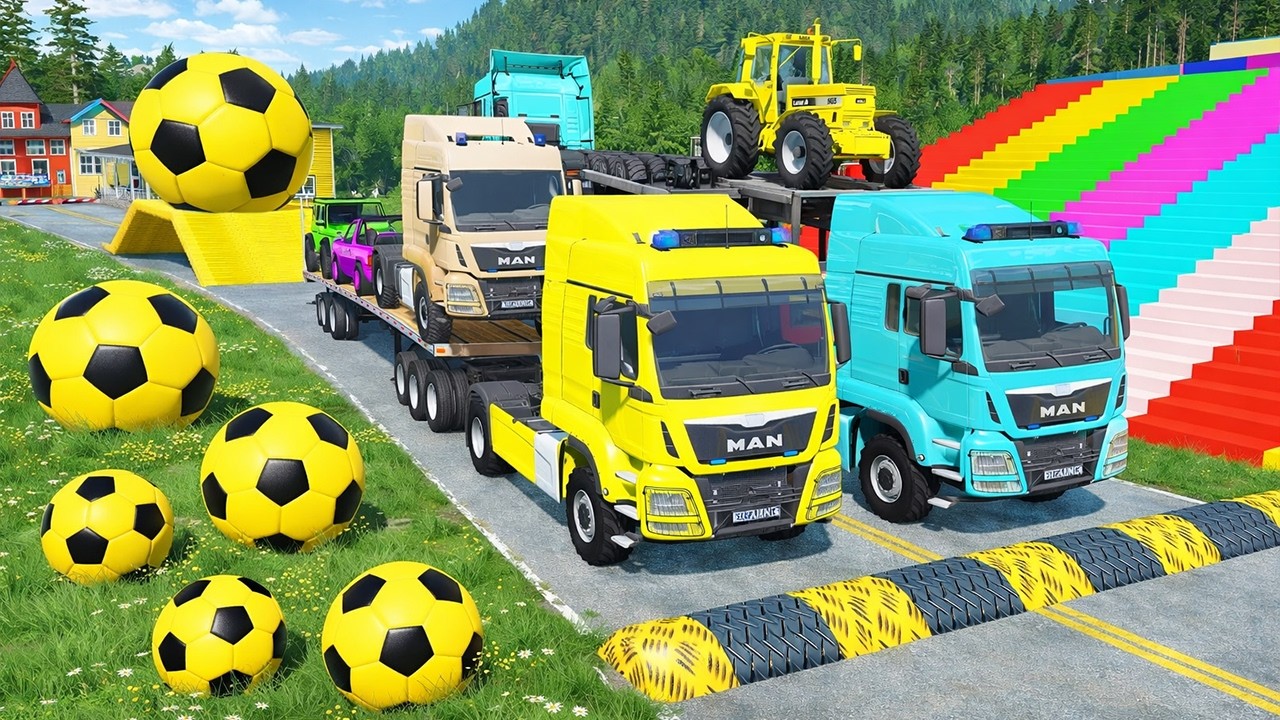 Flatbed Trailer McQueen Transportations with Truck   Cars vs Speed vs Train   BeamNG Drive #86