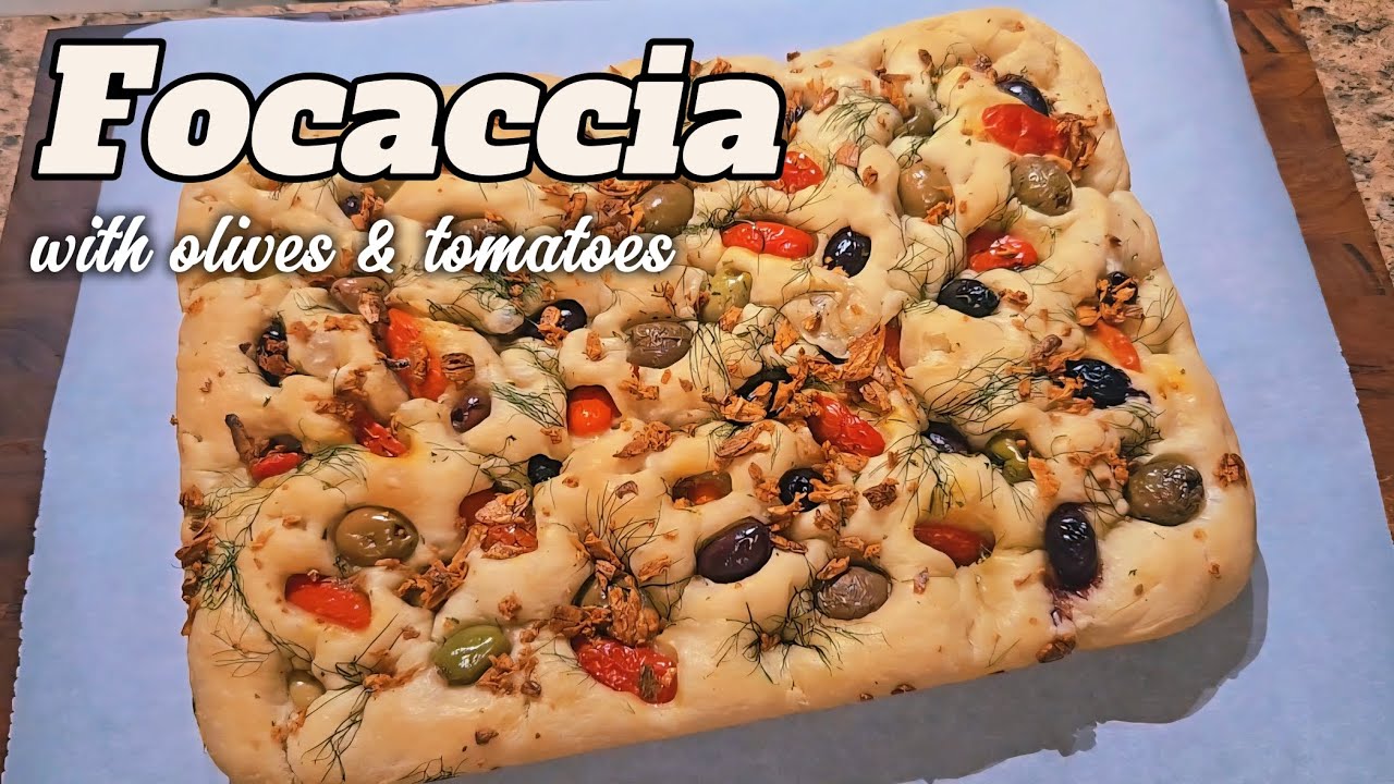 Making a Homemade focaccia with olives and tomatoes. #delicious #cooking #recipe #tasty