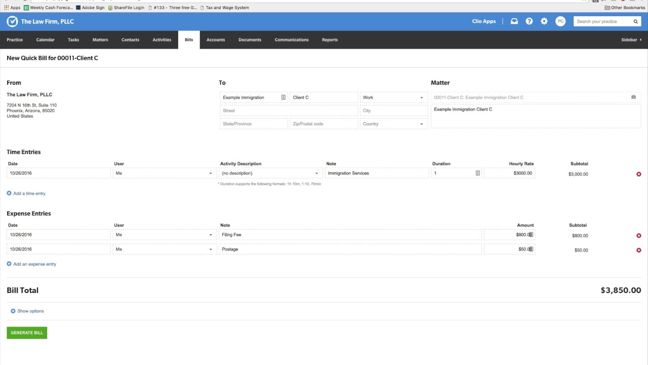 Flat Fee Immigration Invoices in Clio - Step 1 - Client Intake