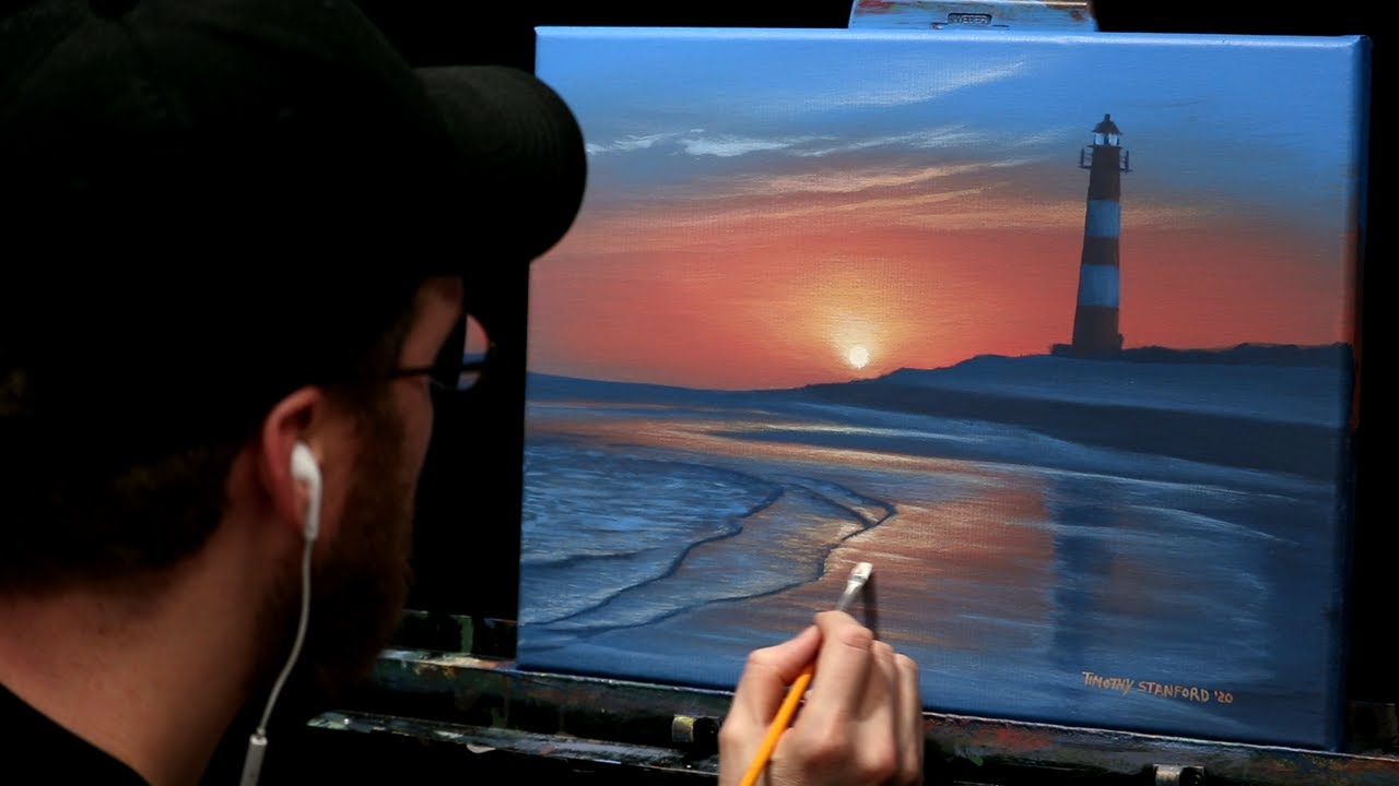 Acrylic Seascape Painting of a Lighthouse and Rosy Sunrise  - Time-lapse - Artist Timothy Stanford