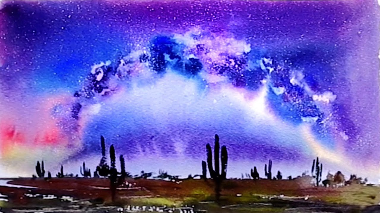 Watercolor Galaxy over Desert Painting