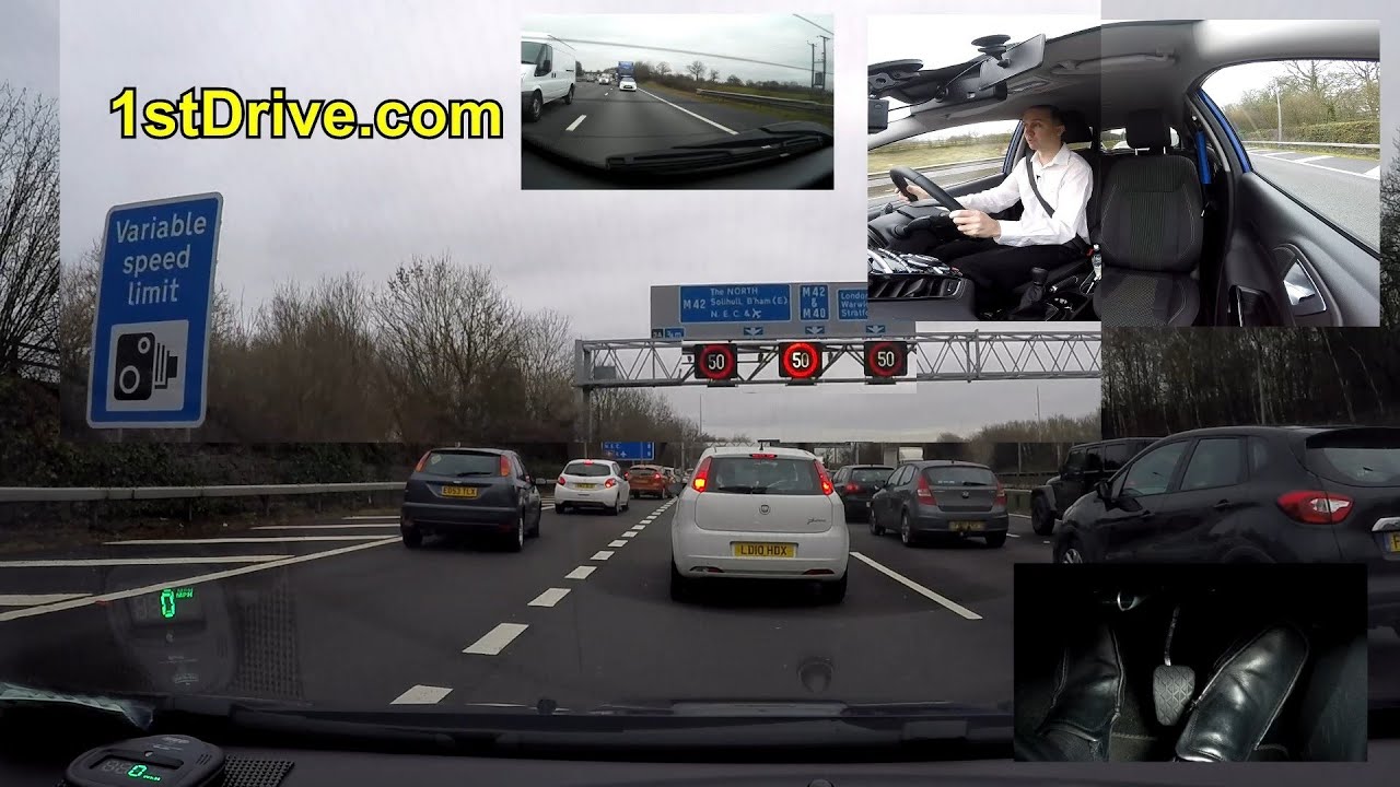 Smart motorways UK. Variable speed limits heavy traffic.