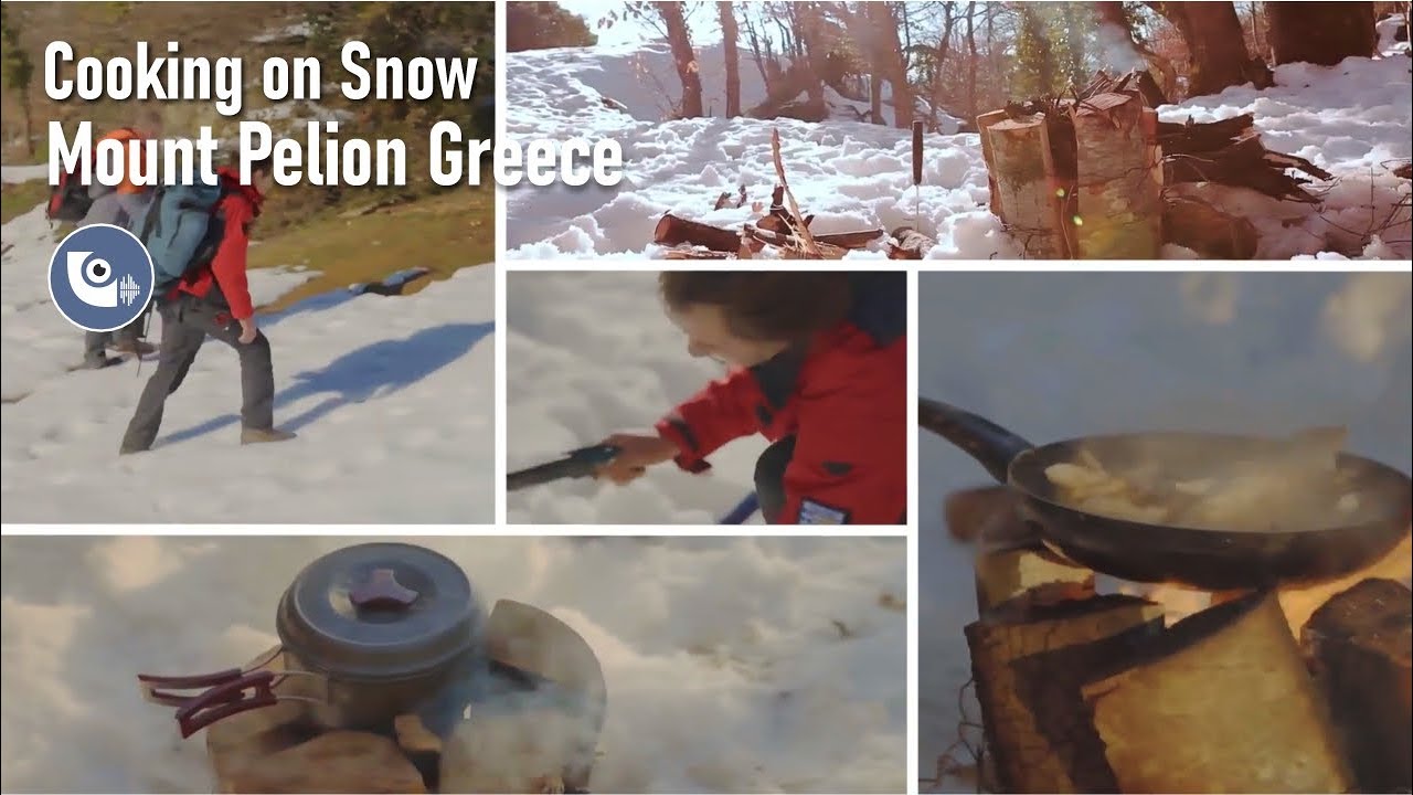 Cooking on snow with circle firewood Greek Strapatsada in Nature of Mountain Pelion | Bushcraft