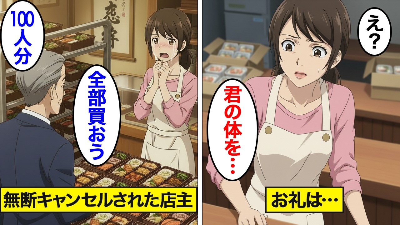 【漫画】100人前を無断キャンセルされた弁当を買い取った老人。老人「お礼は君の体を」店主「え？」【スカッと】