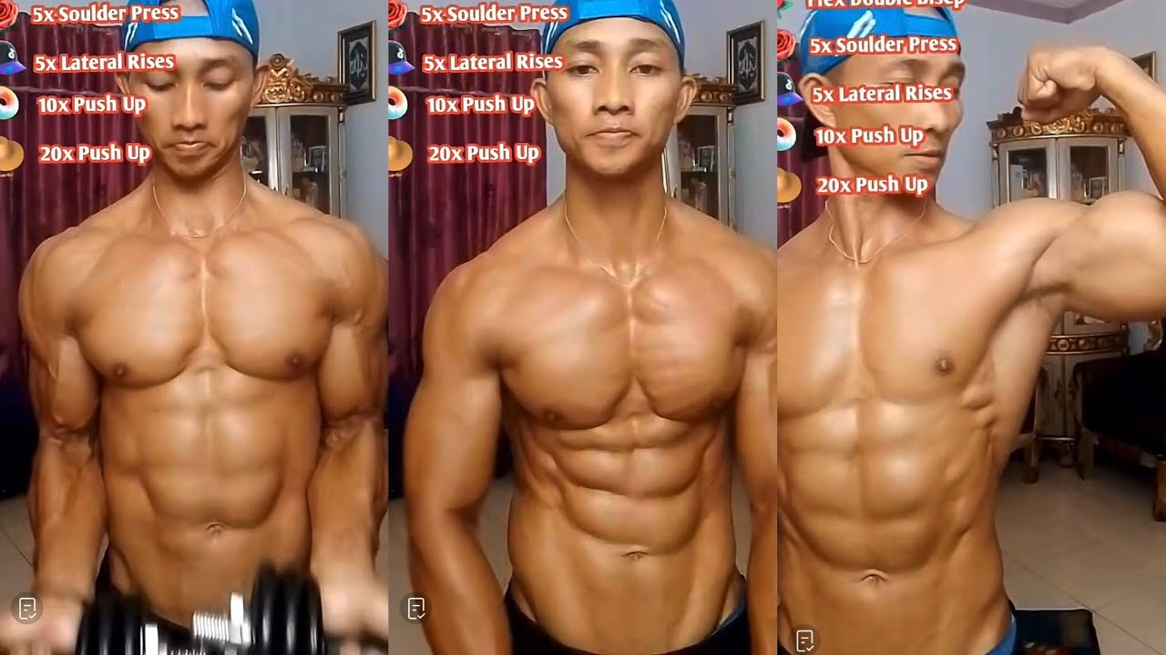 Latihan pose otot kering binaraga kekar perut six pack berkeringat
