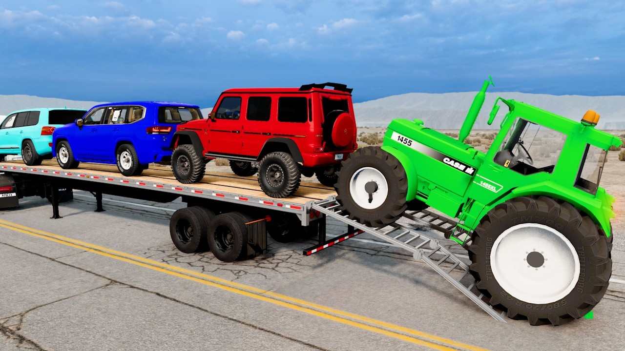 Flatbed Trailer McQueen Transportation with Truck - Speedbumps vs Cars vs Train - BeamNG.Drive #14