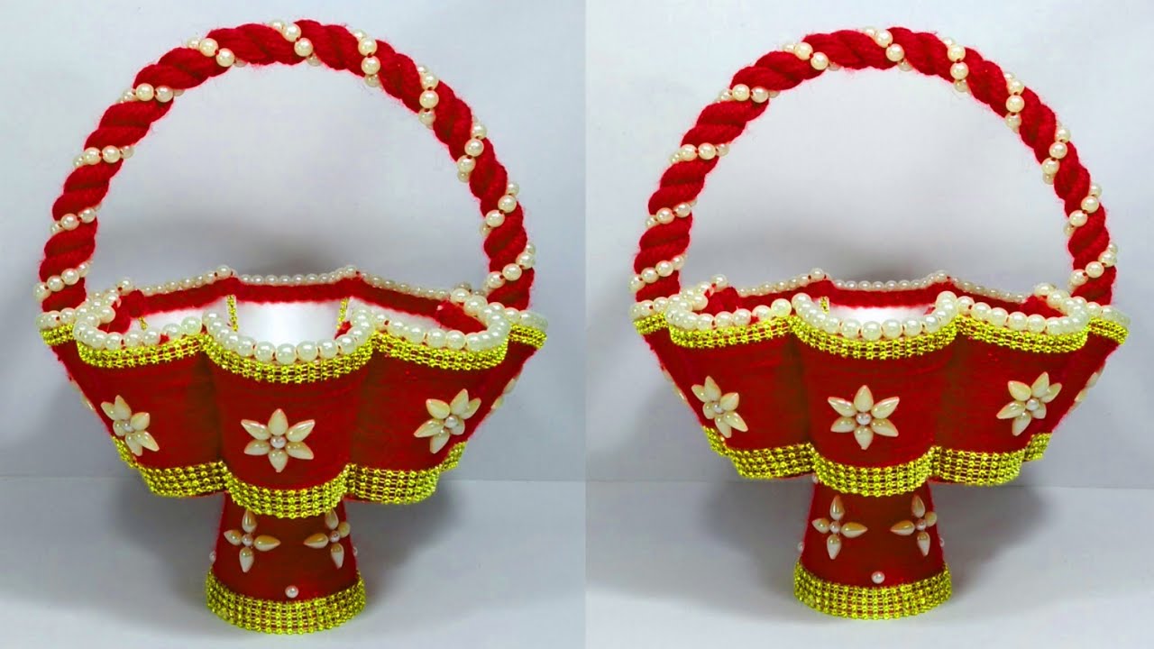 DIY EASY CUPS WOOLEN FLOWER BASKET CRAFT IDEA/WOOLEN FLOWER VASE/BEST OUT OF CUPS AND WOOL