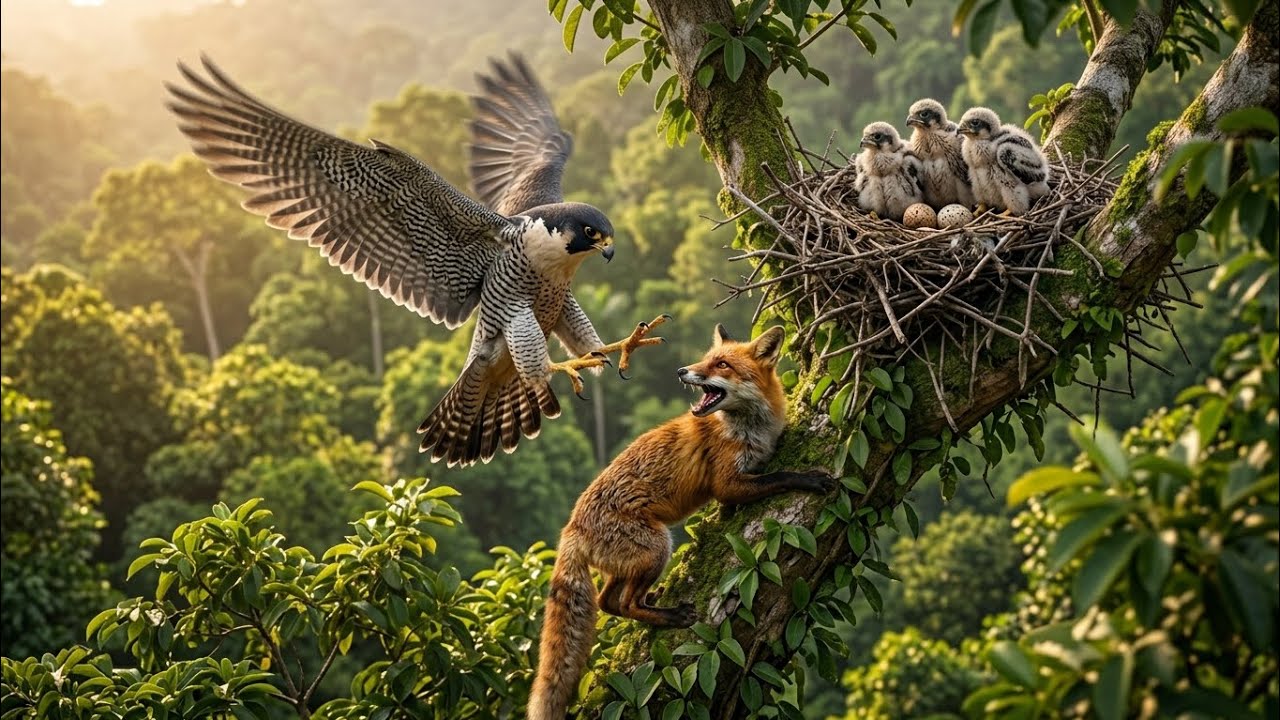 Falcon Attacks Fox to Save Its Babies