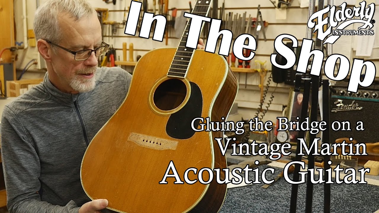 In The Shop: Gluing the Bridge on a Vintage Martin Acoustic Guitar | Elderly Instruments Repair Shop