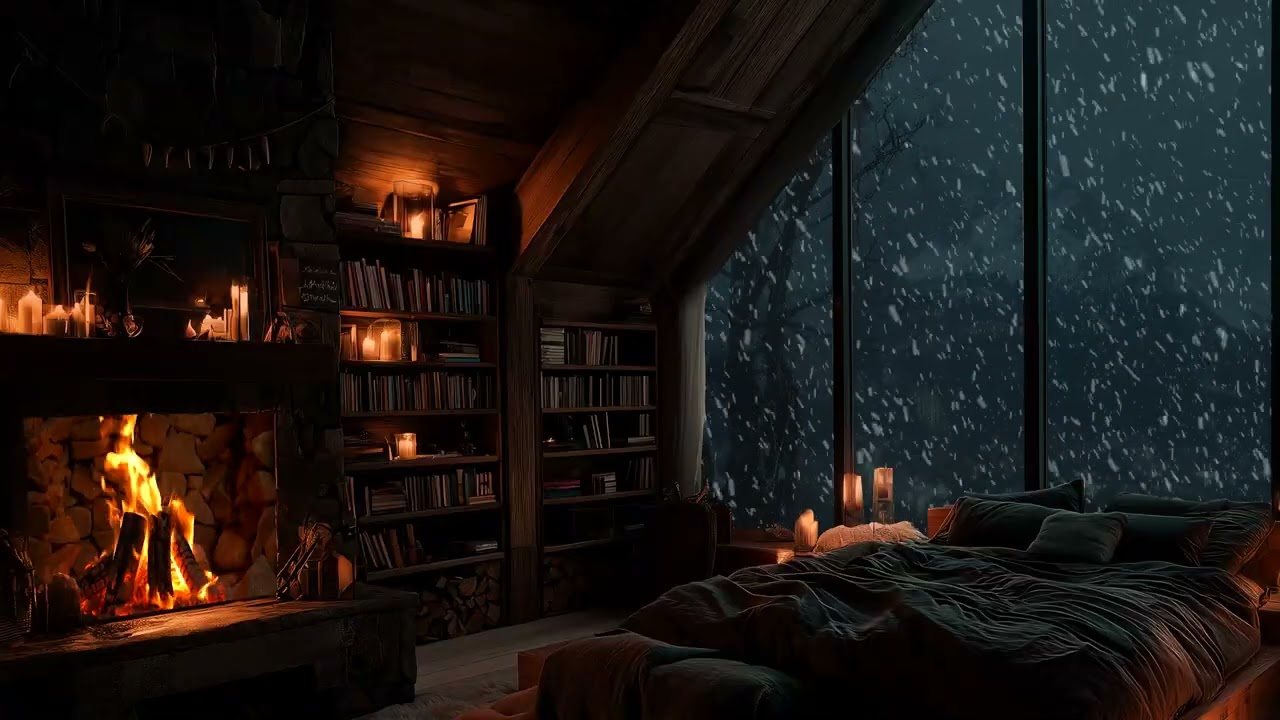 (No Ads) Winter Windstorm & Gentle Fireplace Sounds | Calm Cabin Night Ambience