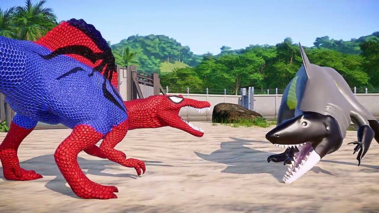 Captain America vs. Batman Shark and Spider-Man Spinosaurus Dinosaurs Fight Jurassic Park