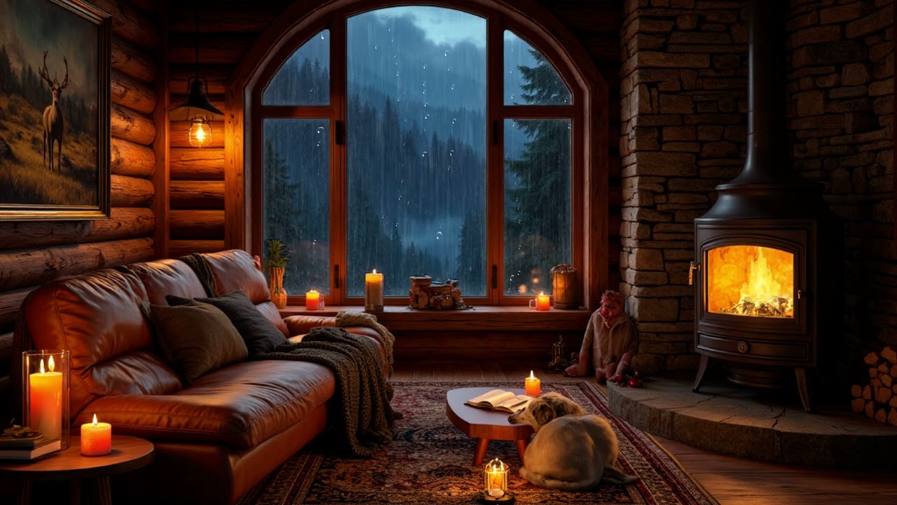 Rainfall Beyond the Arched Cabin Window | Firelit Mountain Evening for Deep Rest