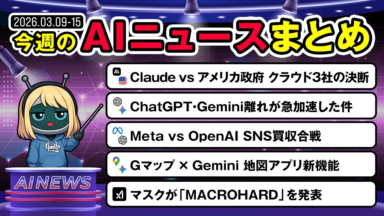 【3月第2週まとめ】ChatGPT・Gemini離れが急加速/Meta×OpenAI買収合戦/イーロンマスク「MACROHARD」を発表/Claudevs政府にも進捗が！