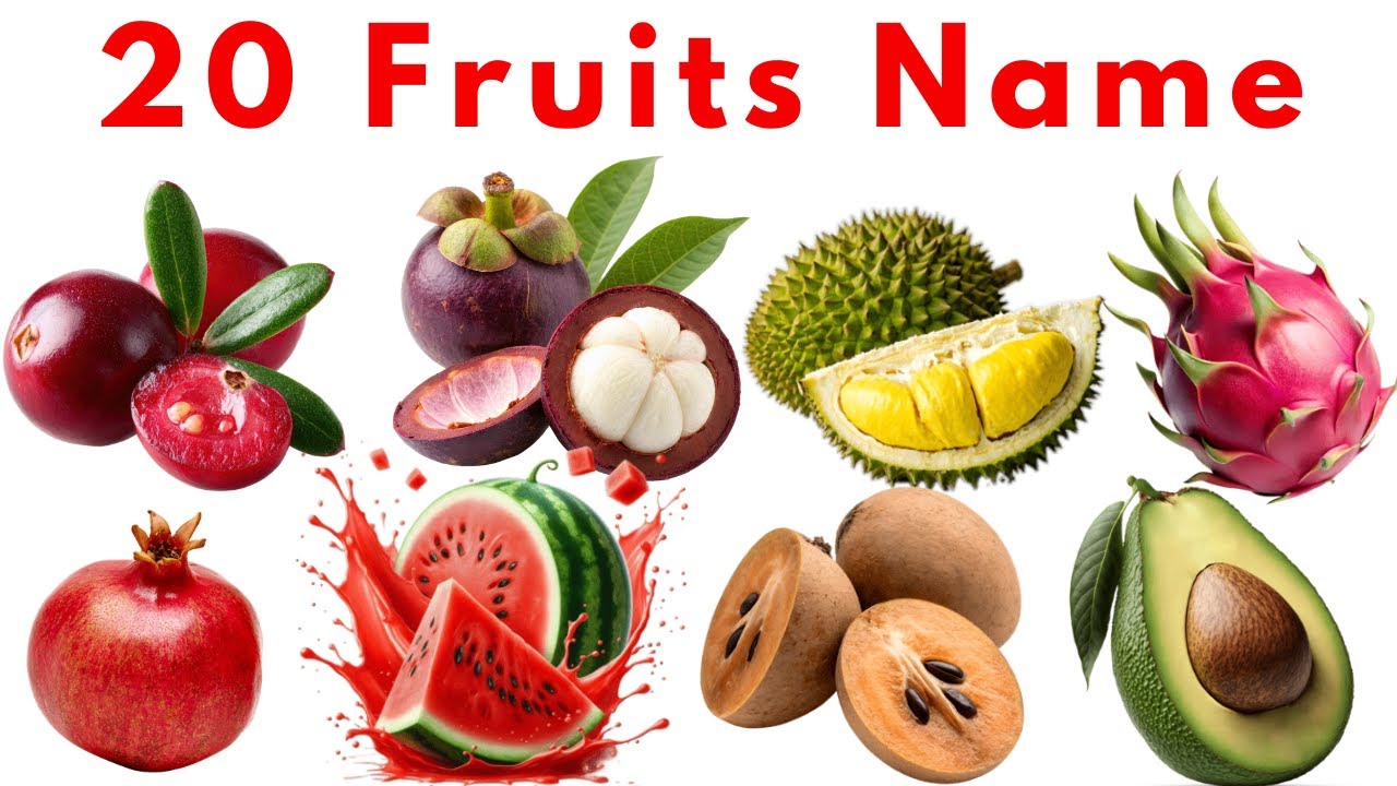 20 फलों के नाम सीखें |20 Fruits Name in English for Kids Vocabulary Learning Preschool Kindergarten