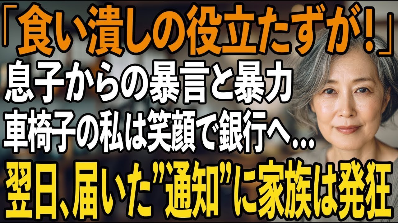 「食べるだけの役立たずが！」暴言と共に茶碗を投げつける息子。私は黙って微笑むと、車椅子で銀行へーー翌日、届いた通知を見て、家族全員青ざめた【シニアライフ】【60代以上の方へ】