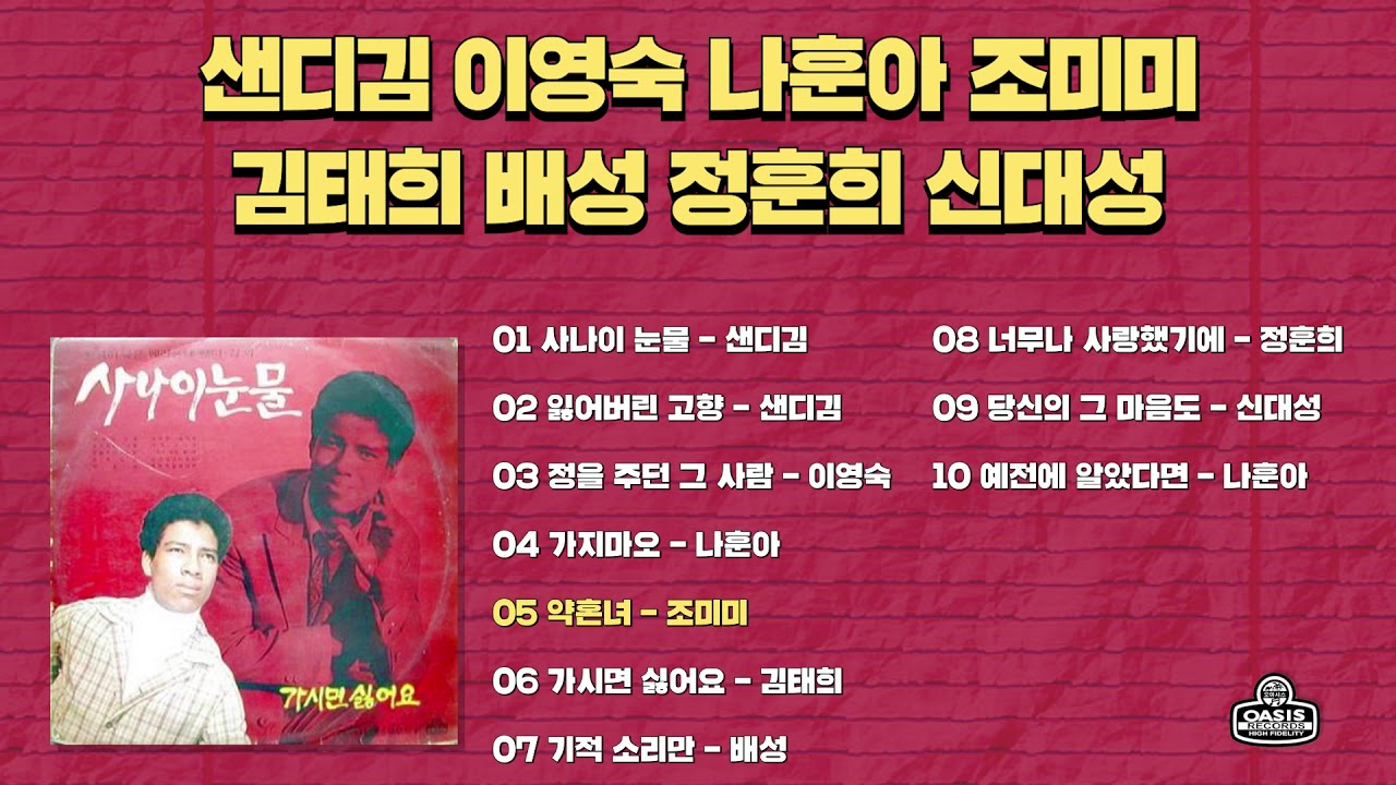 [오아시스레코드] 샌디김 이영숙 나훈아 조미미 김태희 배성 정훈희 신대성 | 사나이 눈물, 가시면 싫어요, 너무나 사랑했기에 등 10곡 모음집